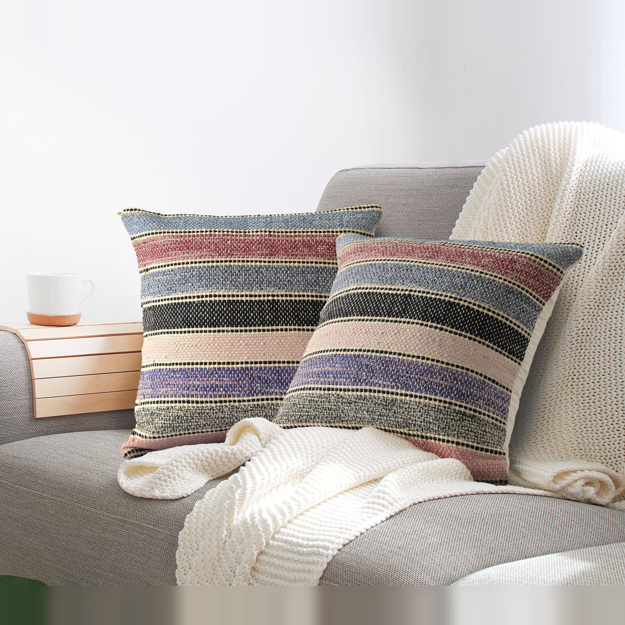 Midnight Striped Cushion Cover, Organic Cotton with Pastel Hues and Farmhouse Vibes, Concealed Zip Closure, Modern Accent for Sofa, Chair, or Bed, Comfortable and Stylish Home Décor (18x18 Inches)