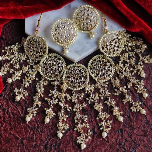 Exquisite  Gold-Plated Kundan Bridal Jewelry Set, Traditional Indian Wedding Jewelry (Set of 2)