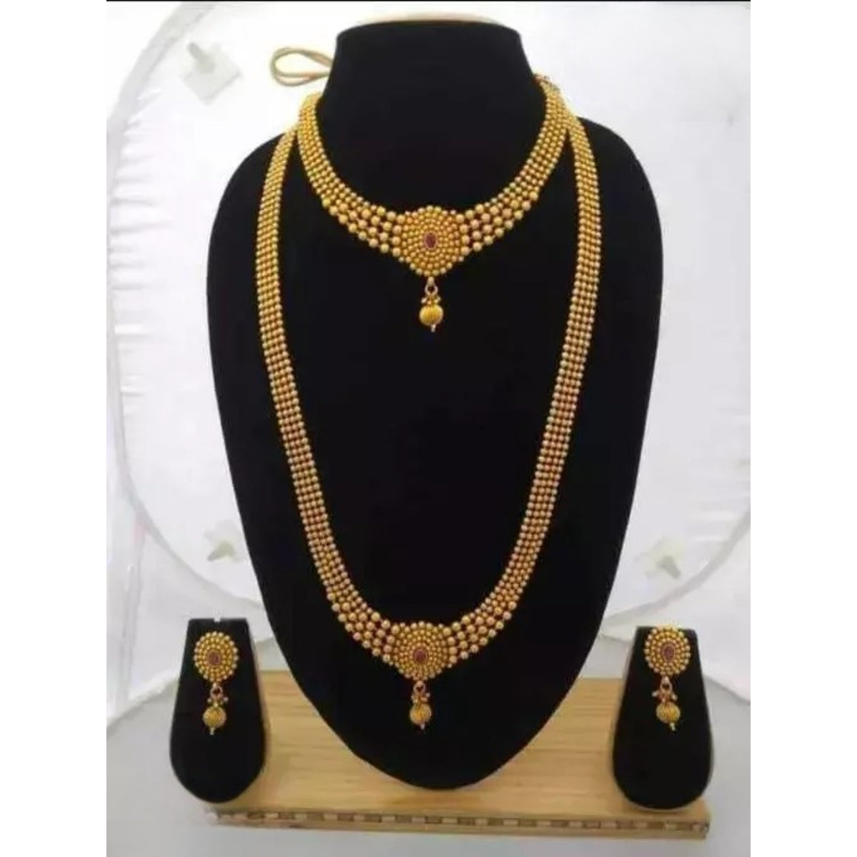 Traditional Gold Ball Combo Necklace Set - Long Haram, Choker and Matching Earrings, Traditional Indian Wedding Jewelry (Set of 2)