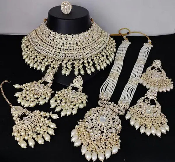 Luxurious Pearl Kundan Bridal Jewelry Set - Necklace, Earrings, Tikka, and Long Necklace, Traditional Indian Wedding Jewelry (Set of 2)