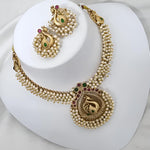 Traditional Gold-Plated Peacock Necklace Set, White Beads and Matching Earrings, Traditional Indian Wedding Jewelry (Set of 2)