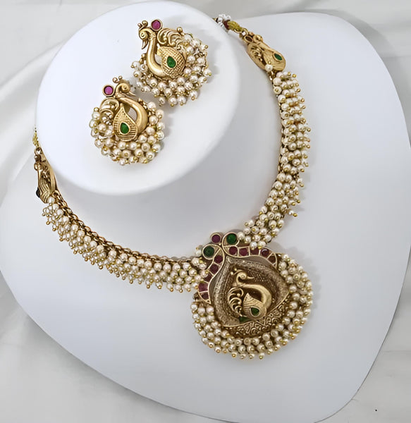 Traditional Gold-Plated Peacock Necklace Set, White Beads and Matching Earrings, Traditional Indian Wedding Jewelry (Set of 2)