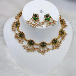 Delicate Pearl and Green Necklace Set - Antique Gold Floral Design, Matching Earrings - Lightweight South Indian Style Party Wear Collection, Traditional Indian Wedding Jewelry (Set of 2)