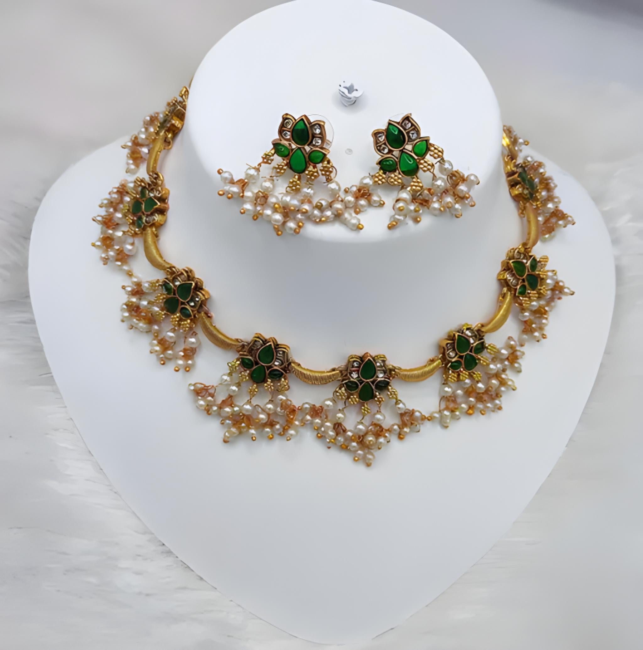 Delicate Pearl and Green Necklace Set - Antique Gold Floral Design, Matching Earrings - Lightweight South Indian Style Party Wear Collection, Traditional Indian Wedding Jewelry (Set of 2)