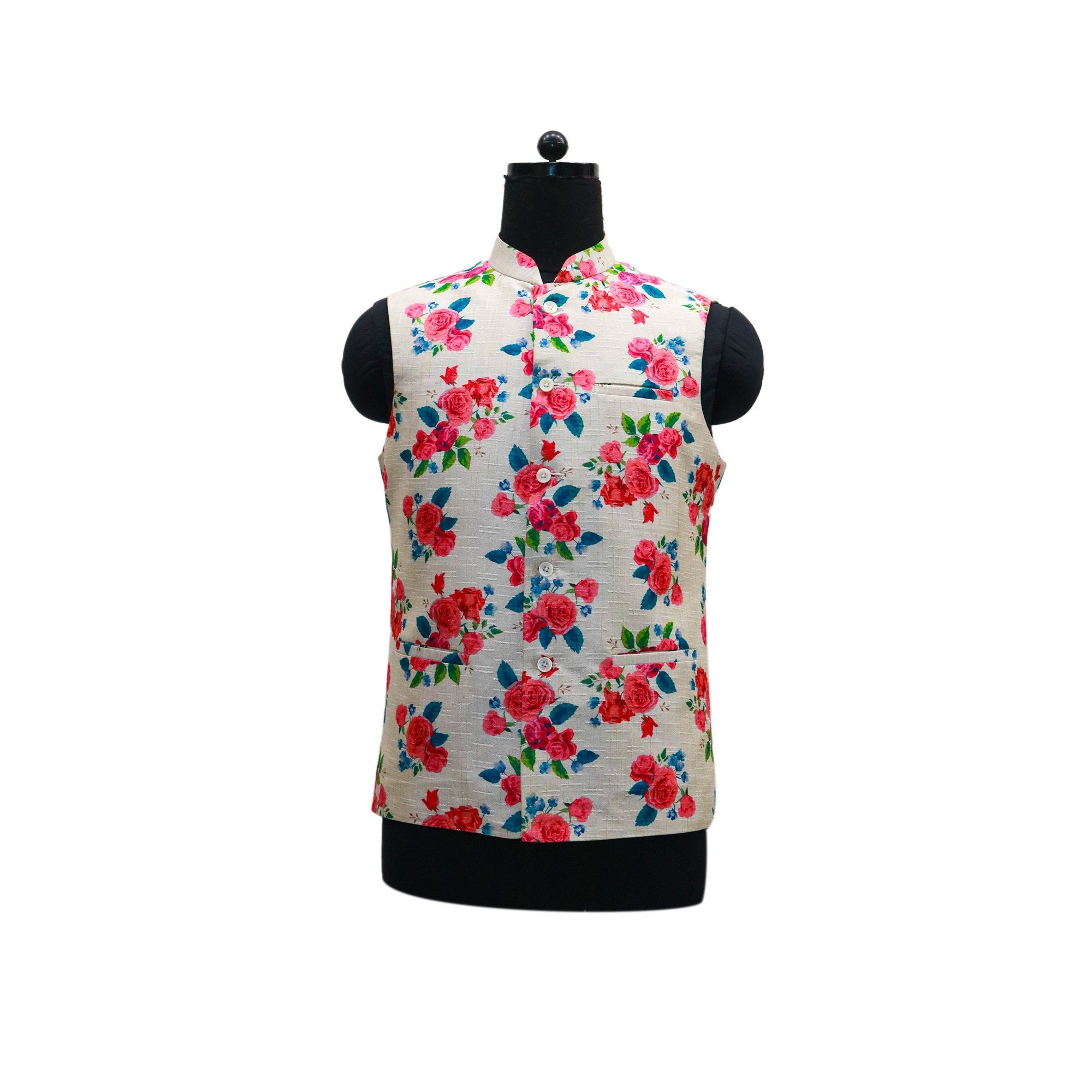 Handmade floral Nehru jacket in cream with a vibrant red and blue rose pattern, perfect for parties or special events.