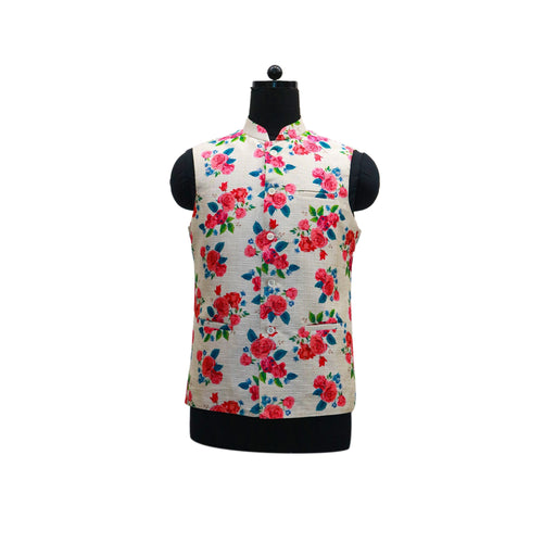 Cream White Nehru Jacket with Red and Blue Floral Print | Mandarin Collar Vest for Special Occasions