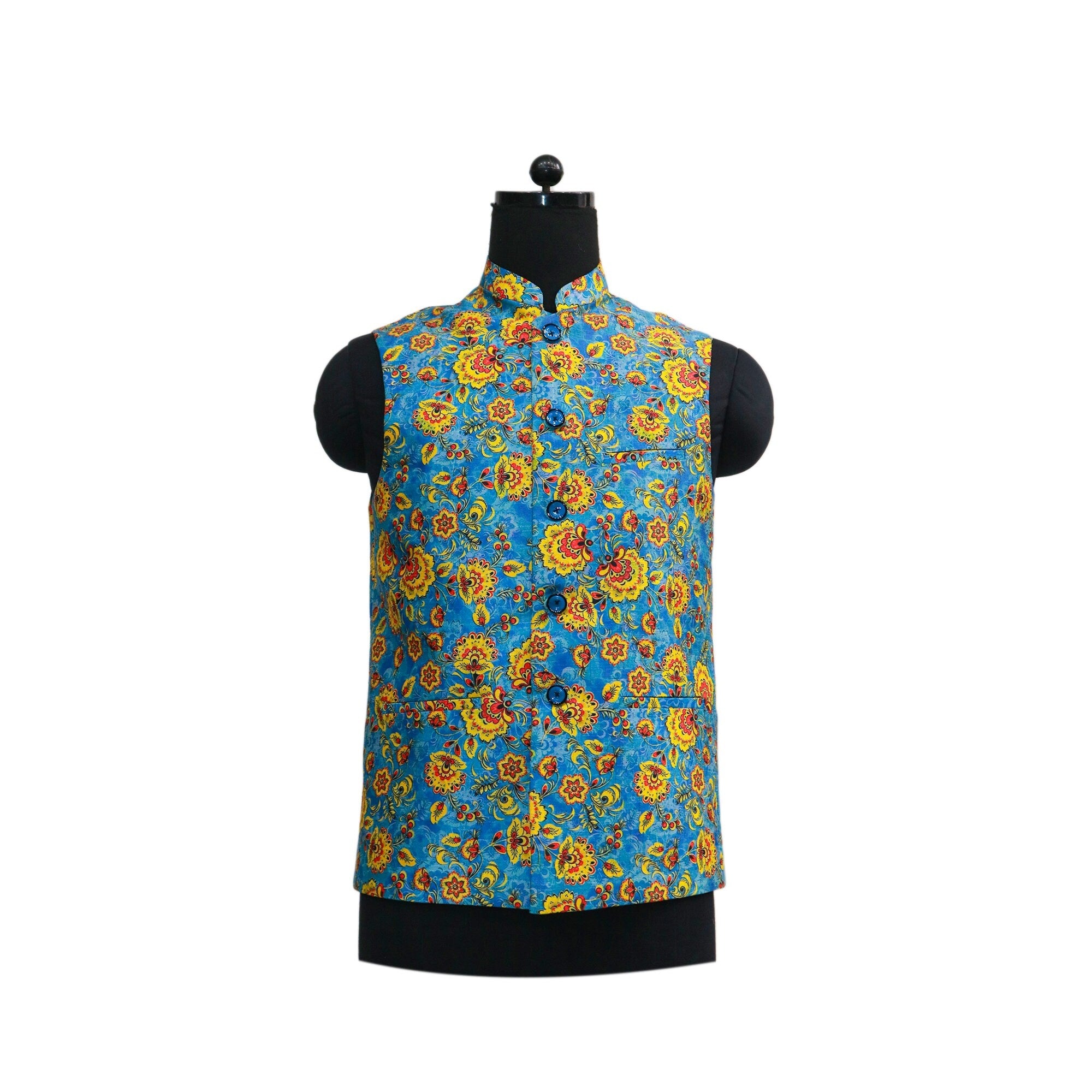 Blue floral Nehru jacket on mannequin. Vibrant, handmade ethnic wear, perfect for special occasions or as a unique gift.