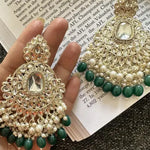 Exquisite Kundan-Inspired Chandelier Earrings, Pearl and Green Accents, Traditional Indian Wedding Jewelry (Set of 1)