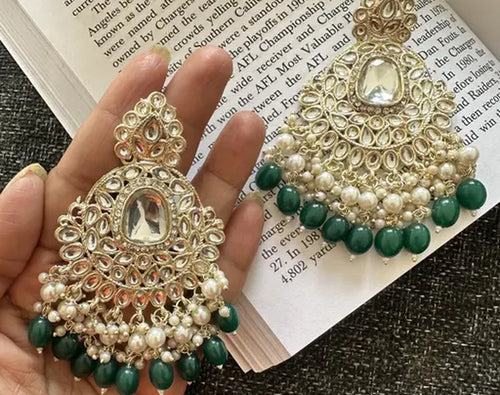 Exquisite Kundan-Inspired Chandelier Earrings, Pearl and Green Accents, Traditional Indian Wedding Jewelry (Set of 1)