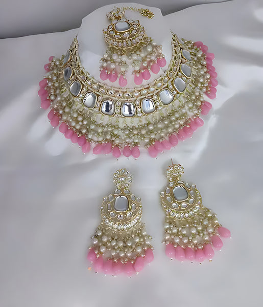 Luxurious Kundan Choker Set, Pearl and Pink Bead Accents - Traditional Indian Bridal Jewelry, Traditional Indian Wedding Jewelry (Set of 2)