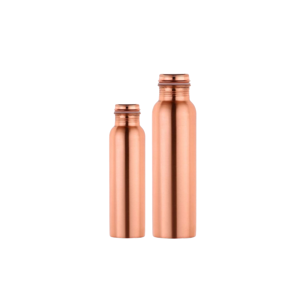 Two sizes of Enable Nature non-hammered copper water bottles, showcasing their sleek and polished finish.