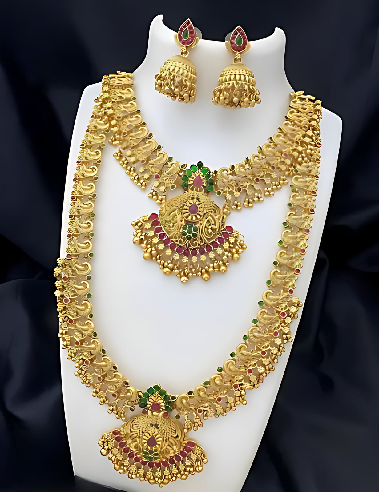 Exquisite Gold-Plated Temple Jewelry Set, Necklace, Choker and Jhumka Earrings, Traditional Indian Wedding Jewelry, Special Occassion Look(Set of 2)