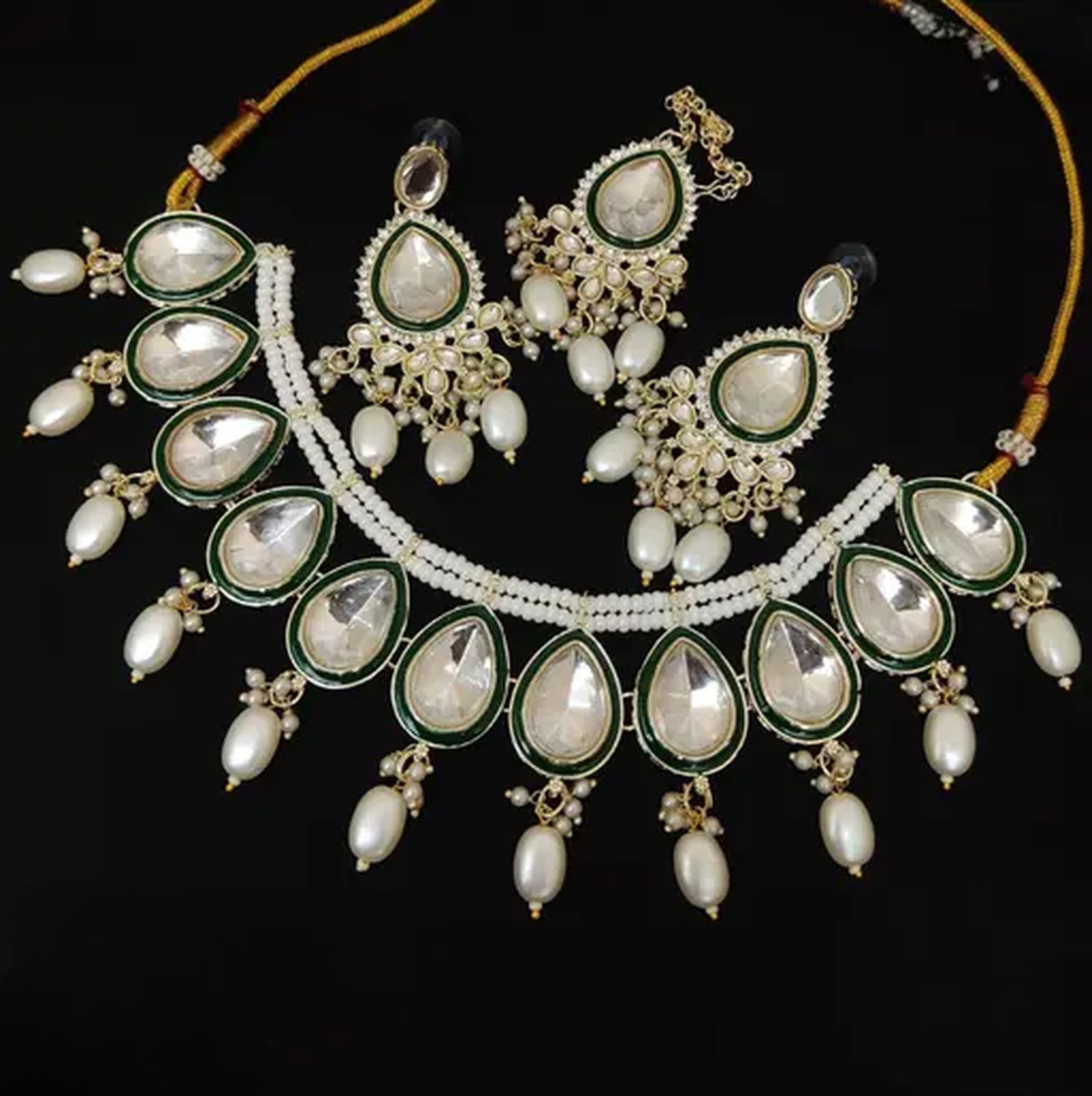 Elegant Pearl and Kundan Necklace Set, Green Enamel Accents, Traditional Indian Wedding Jewelry (Set of 2)