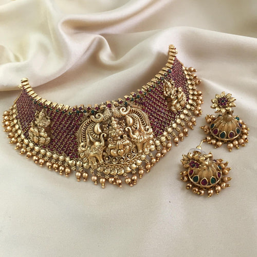 Antique Gold Temple Lakshmi Choker Set, Ruby & Emerald Stones, Traditional Bridal Kemp Jewelry Set, Traditional Indian Wedding Jewelry (Set of 2)