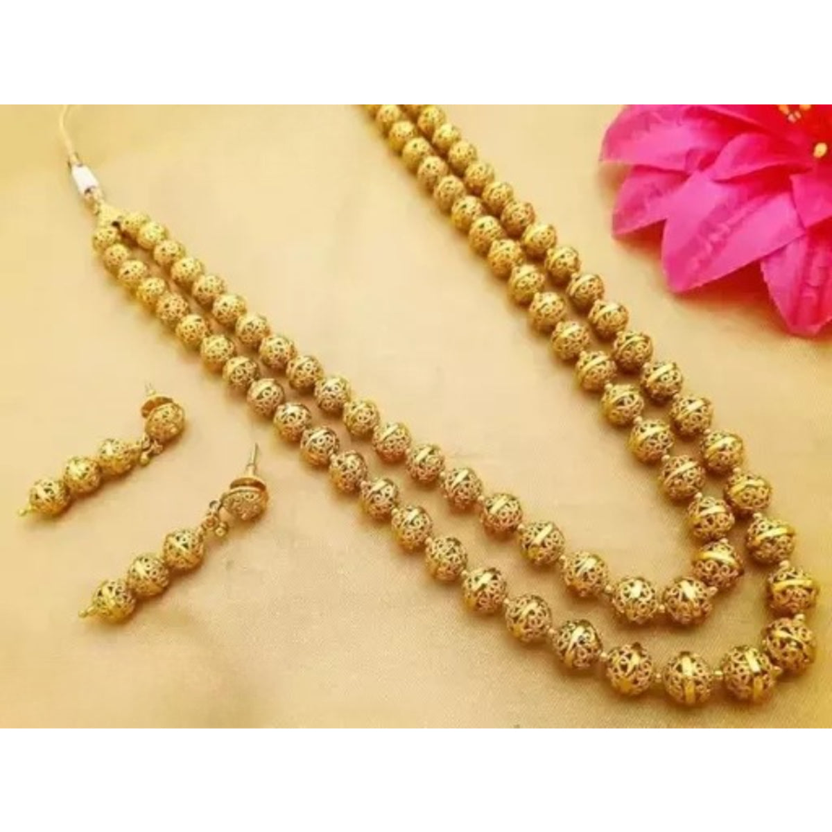 Elegant Gold-Plated Filigree Bead Necklace and Earring Set, Traditional Indian Wedding Jewelry (Set of 2)