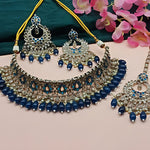 Luxurious Monatna Blue Kundan Choker Necklace Set, Earrings and Maang Tikka, Traditional Indian Wedding Jewelry (Set of 2)