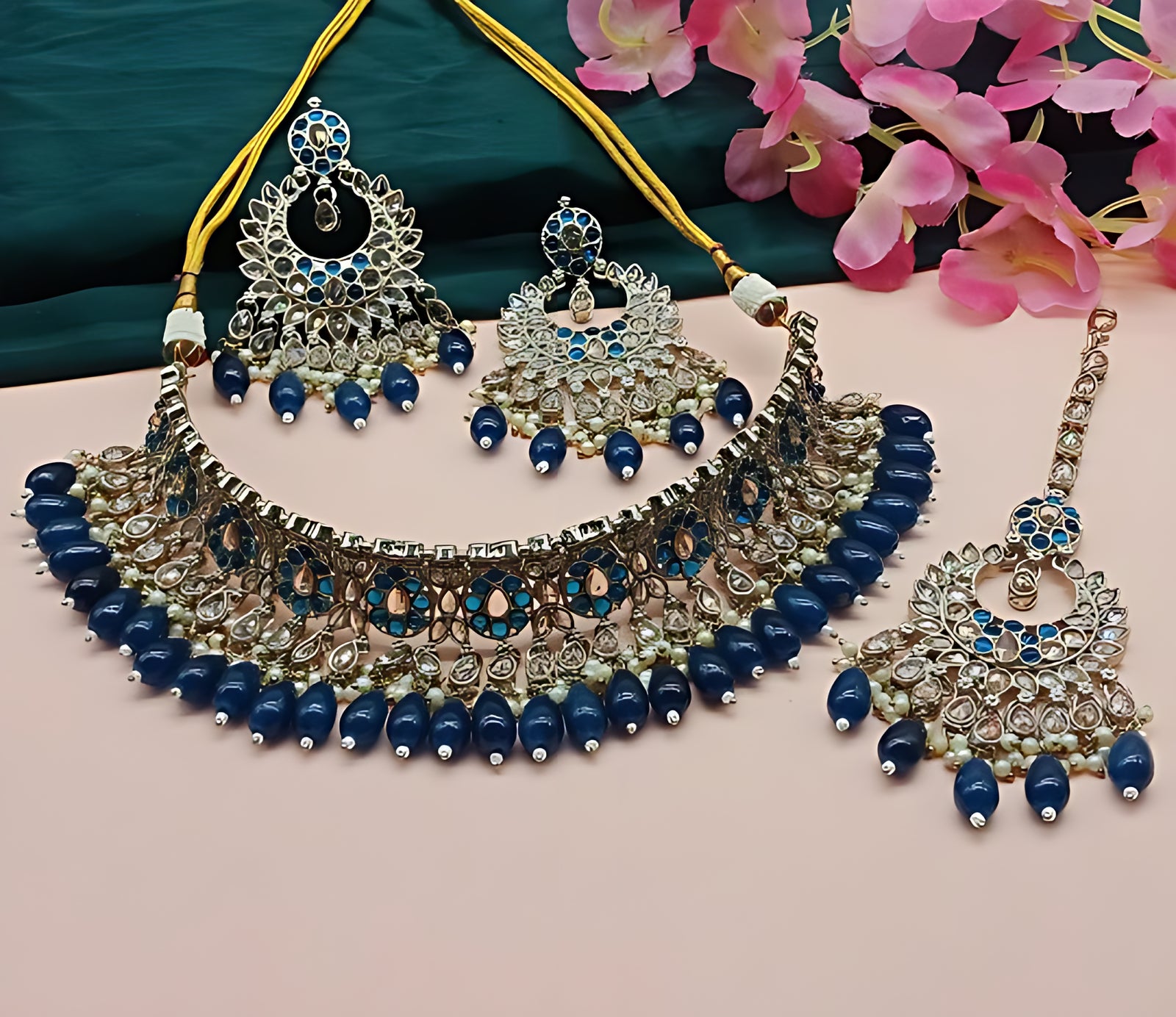 Luxurious Monatna Blue Kundan Choker Necklace Set, Earrings and Maang Tikka, Traditional Indian Wedding Jewelry (Set of 2)