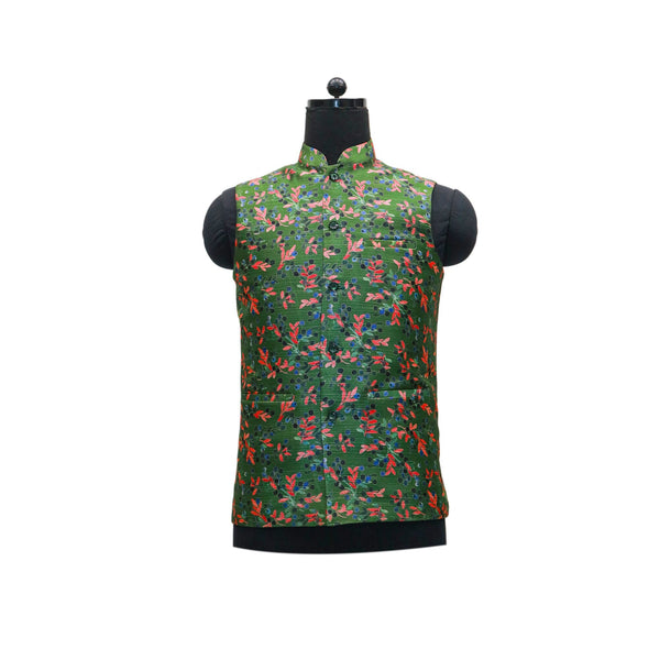 Green Nehru Jacket with Red and Blue Floral Print | Stylish Sleeveless Vest for Weddings & Festive Events