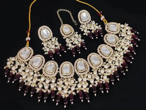 Kundan Choker Necklace Set, Maroon Beads and Pearls - Traditional Indian Wedding Jewelry, Traditional Indian Wedding Jewelry (Set of 2)