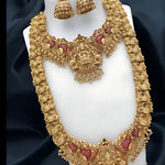 Traditional Temple Design Gold-Plated Lakshmi Long Necklace Jhumka Earrings Antique South Indian Bridal Jewelry Set, , Traditional Indian Wedding Jewelry (Set of 2)