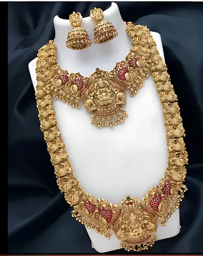 Traditional Temple Design Gold-Plated Lakshmi Long Necklace Jhumka Earrings Antique South Indian Bridal Jewelry Set, , Traditional Indian Wedding Jewelry (Set of 2)