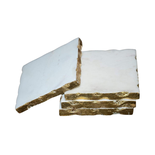 White Marble Square Coasters with Golden Edges - Elegant Anti-Skid Heat-Resistant Home Accessories, Protect surfaces and Ideal for Serving Drinks, Coffee or Tea, (10x10 cm) Set of 4