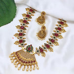 Antique Gold Lakshmi Coin Choker Necklace Set, Ruby Red & Emerald Green Stones, Pearl Drop Temple Jewelry, Traditional Indian Wedding Jewelry (Set of 2)