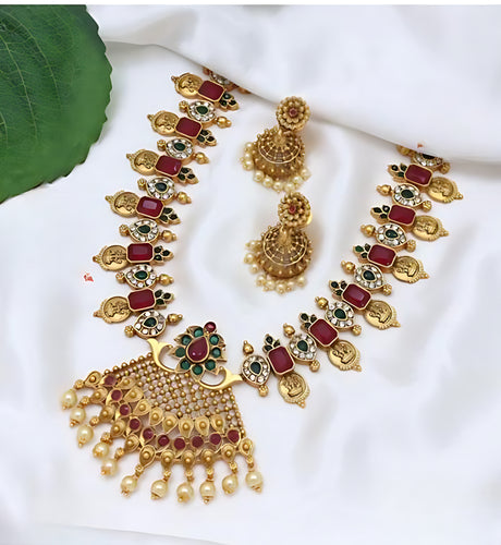 Antique Gold Lakshmi Coin Choker Necklace Set, Ruby Red & Emerald Green Stones, Pearl Drop Temple Jewelry, Traditional Indian Wedding Jewelry (Set of 2)