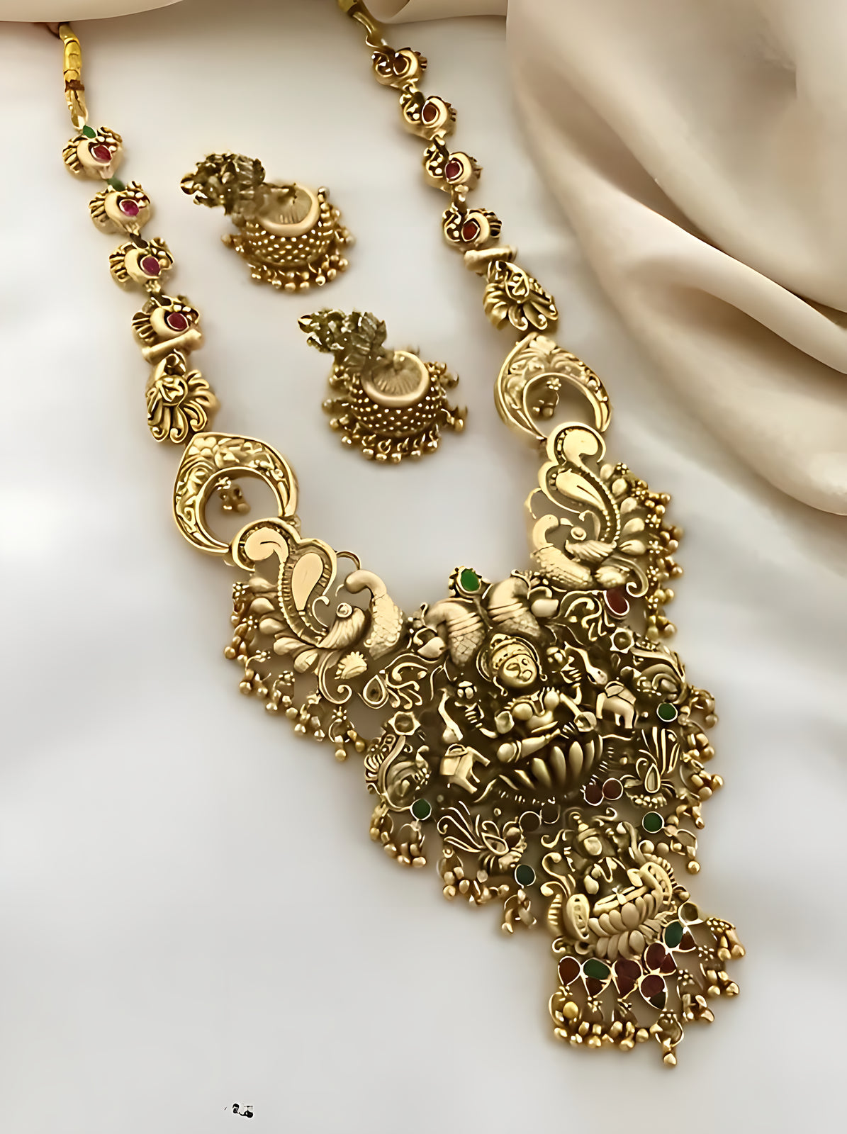 Exquisite Gold-Plated Temple Jewelry Set, Necklace, Choker and Jhumka Earrings, Traditional Indian Wedding Jewelry (Set of 2)