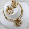 Traditional Gold-Plated Lakshmi Necklace Set, White Beads and Matching Earrings, Traditional Indian Wedding Jewelry (Set of 2)