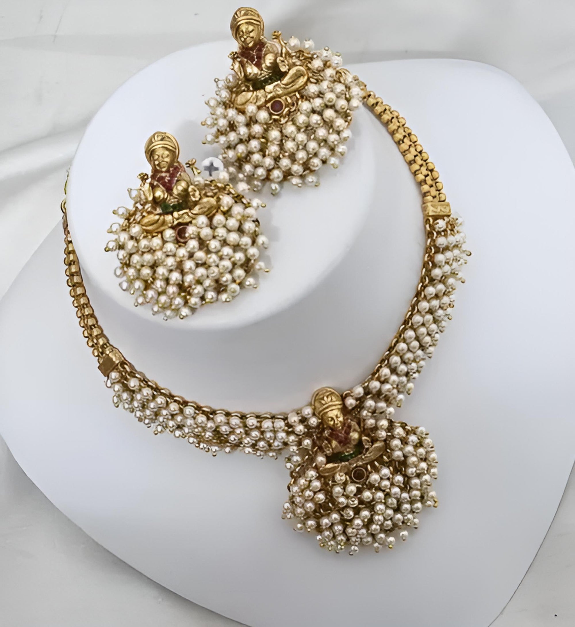 Traditional Gold-Plated Lakshmi Necklace Set, White Beads and Matching Earrings, Traditional Indian Wedding Jewelry (Set of 2)