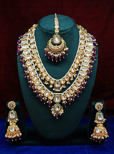 Opulent Kundan Bridal Jewelry Set, Double-Layer Necklace, Maang Tikka, & Jhumka Earrings, Traditional Indian Wedding Jewelry (Set of 2)