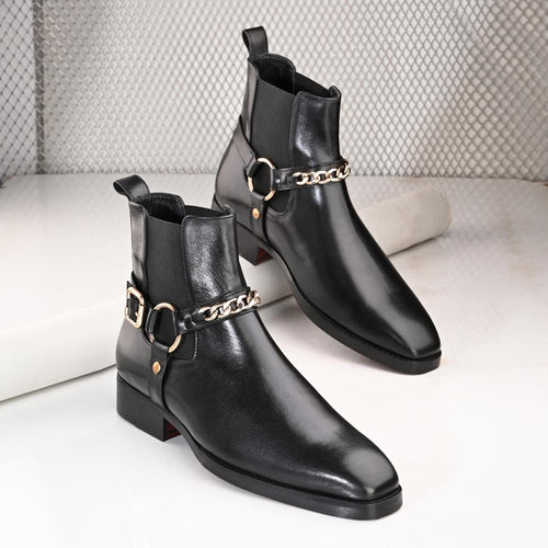 Regent Black Chain Chelsea Boots, Slip-Resistant Sole, Goodyear Welted, Hand-Finished Burnish, Vintage Aesthetic, Lightweight Design, Breathable Lining