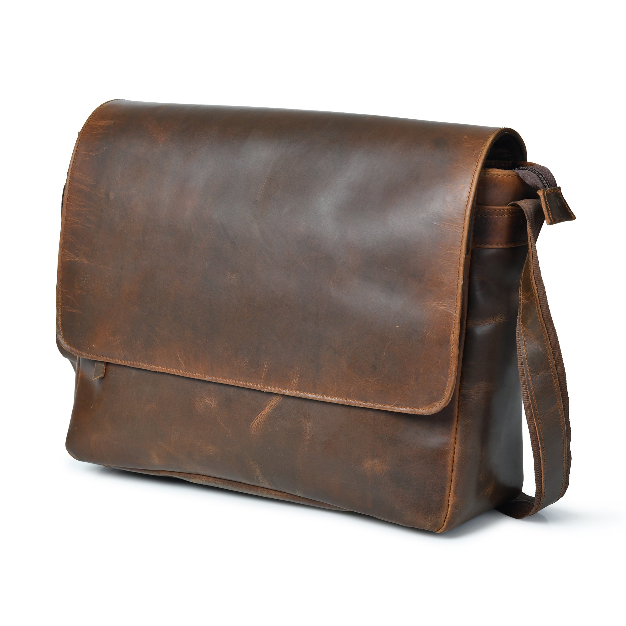 Stylish brown top grain leather crossbody messenger bag for laptops. Perfect for professionals and students.