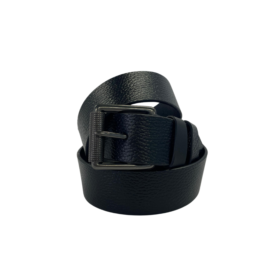 Black full grain leather belt with a gunmetal buckle, rolled and displayed on a white background.