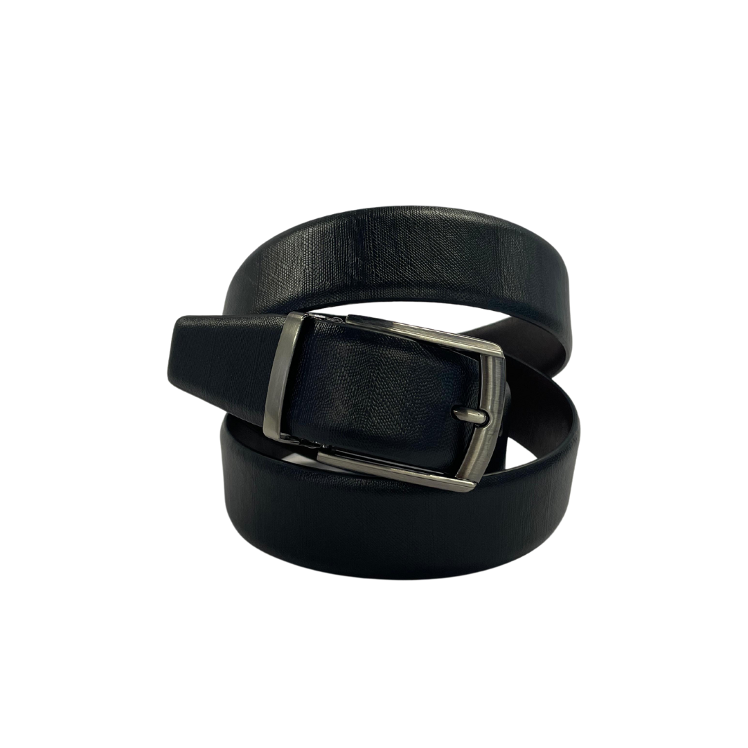 Reversible black and brown full grain leather belt. Features a classic hole buckle and versatile styling.