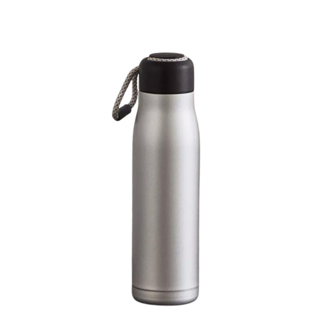 SuperGeneriX 500ml Stainless Steel Water Bottle with Carry Rope | Leak Proof Double Walled Vacuum Insulated Thermosteel Water Bottle, Matte Finish Drinking Bottle for Office & Travel (500ml, Black)