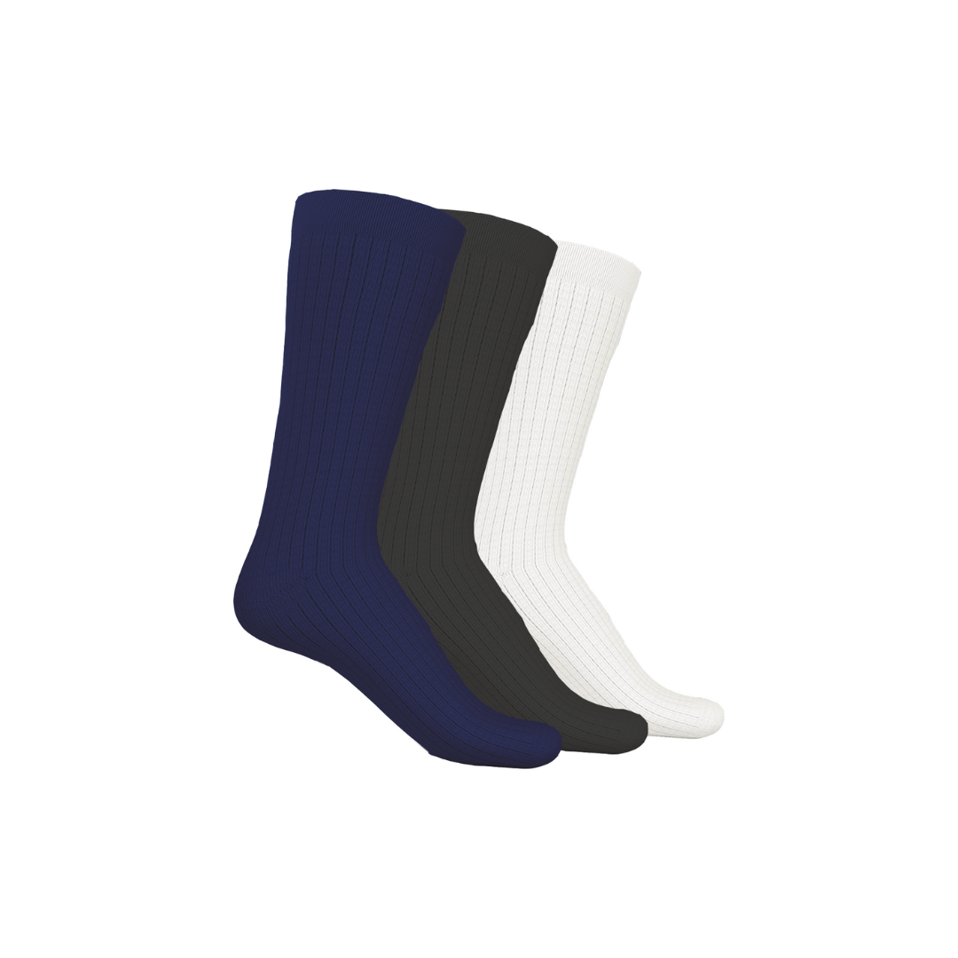 Three pairs of men's calf-length bamboo socks in navy, black, and white.