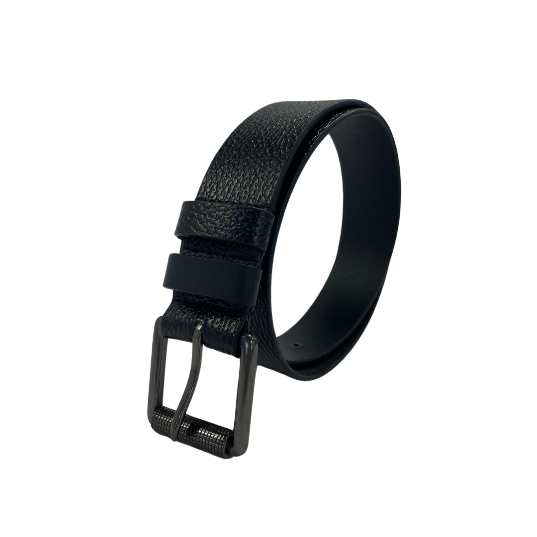 Classic black leather belt with gunmetal buckle, perfect for jeans or formal wear.