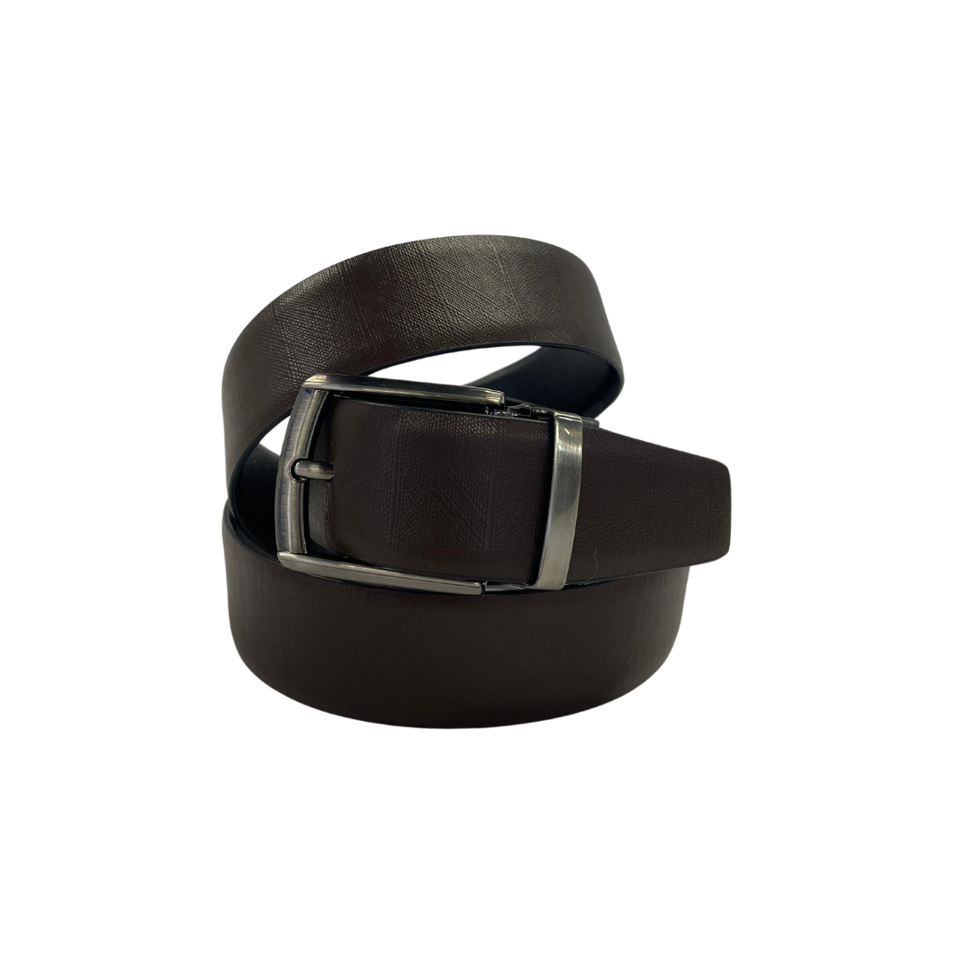 Reversible full grain leather belt in black and brown with a classic hole buckle.