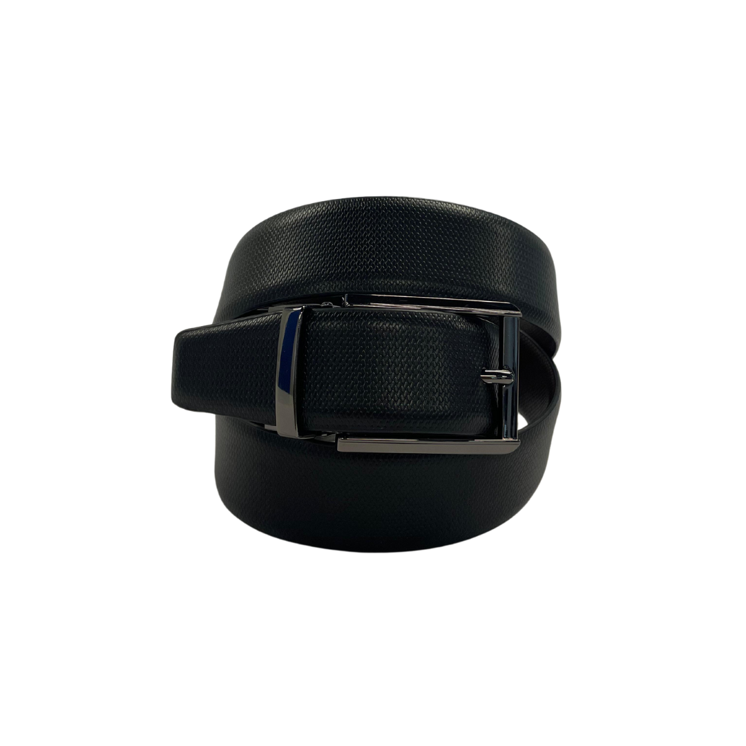 A stylish men's reversible leather belt in black, featuring a sleek gunmetal prong buckle. Perfect for any occasion.