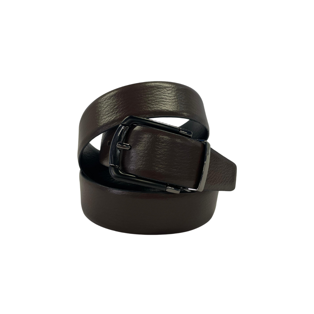 Reversible black and brown leather belt for men with a sleek gunmetal buckle, offering two versatile style options in one belt.