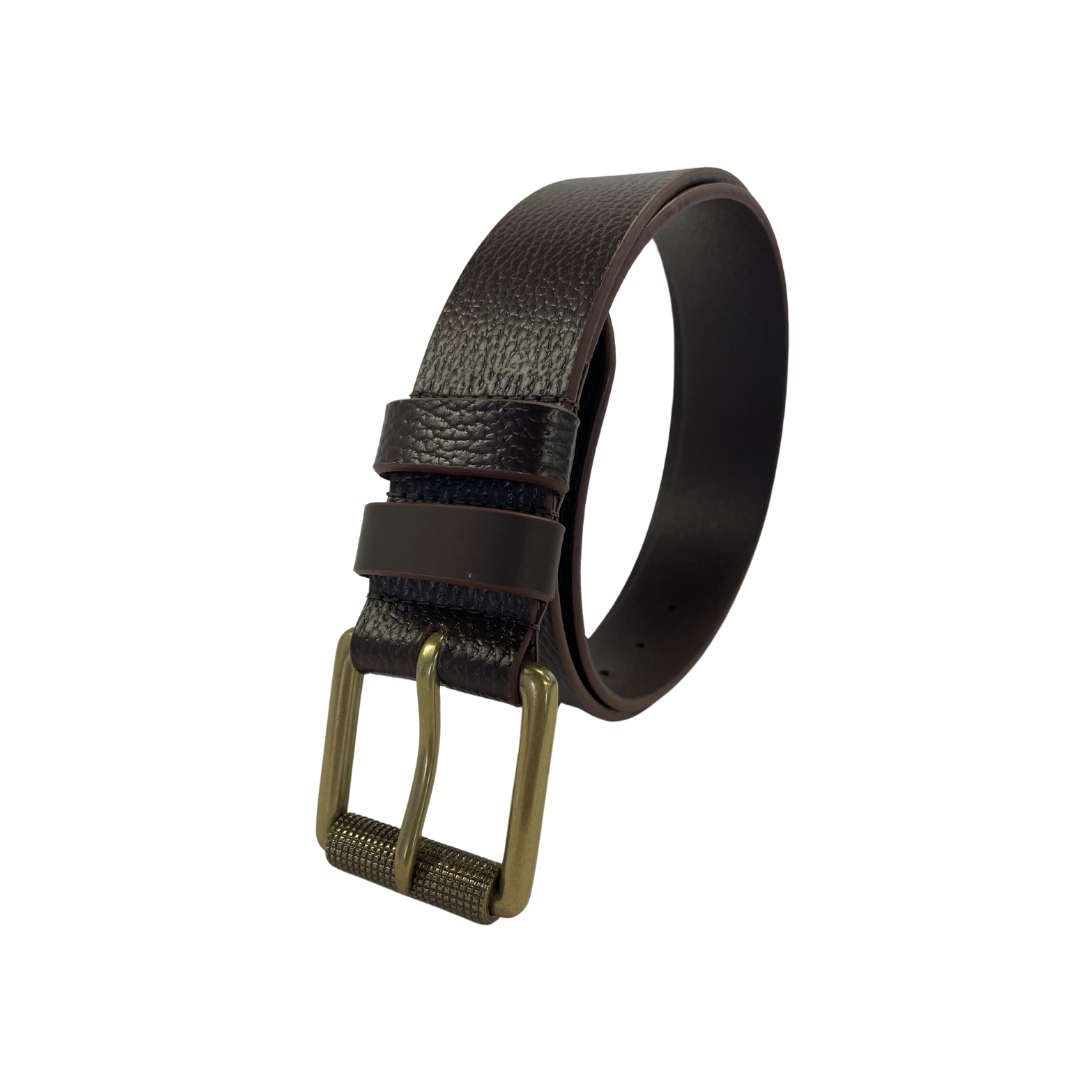 Men's brown full-grain leather belt with a textured finish and an antique brass buckle.