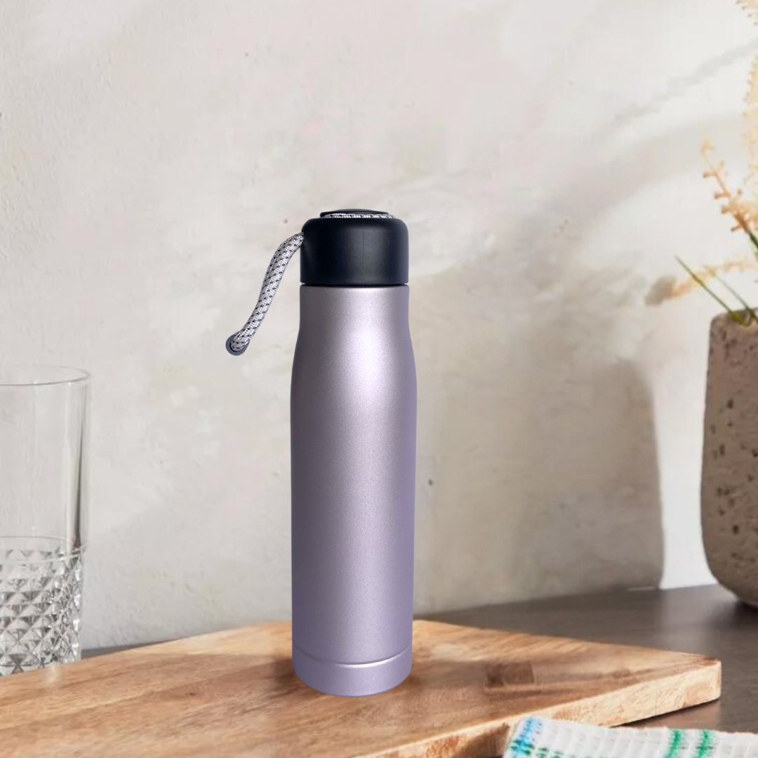 Light silver stainless steel water bottle with a black carry rope lid, perfect for hot or cold drinks.