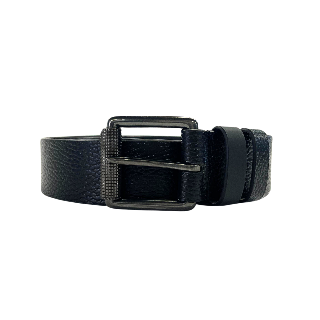 Classic black full grain leather belt with gunmetal buckle, ideal for jeans or formal wear.