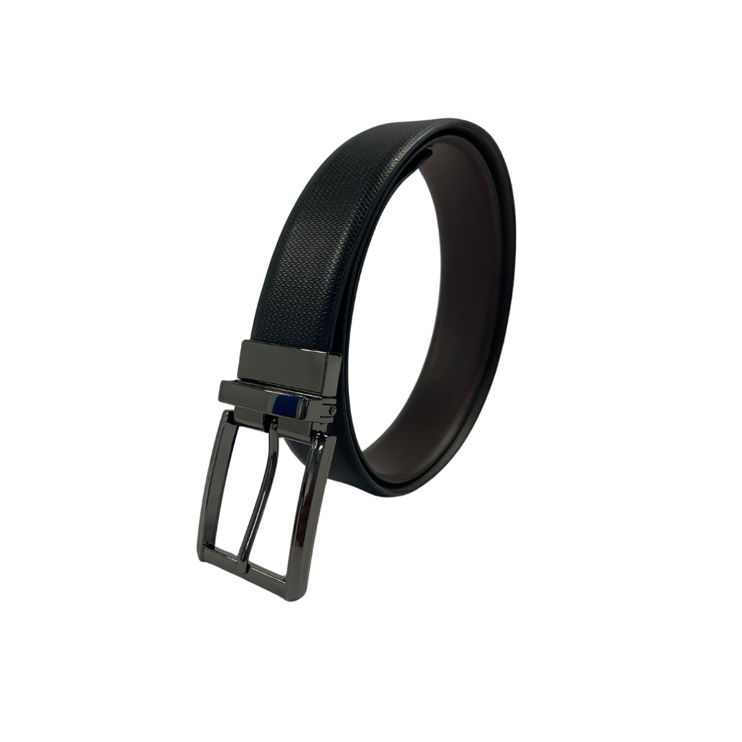 Men's reversible full grain leather belt with a stylish gunmetal prong buckle, shown here against a white background.