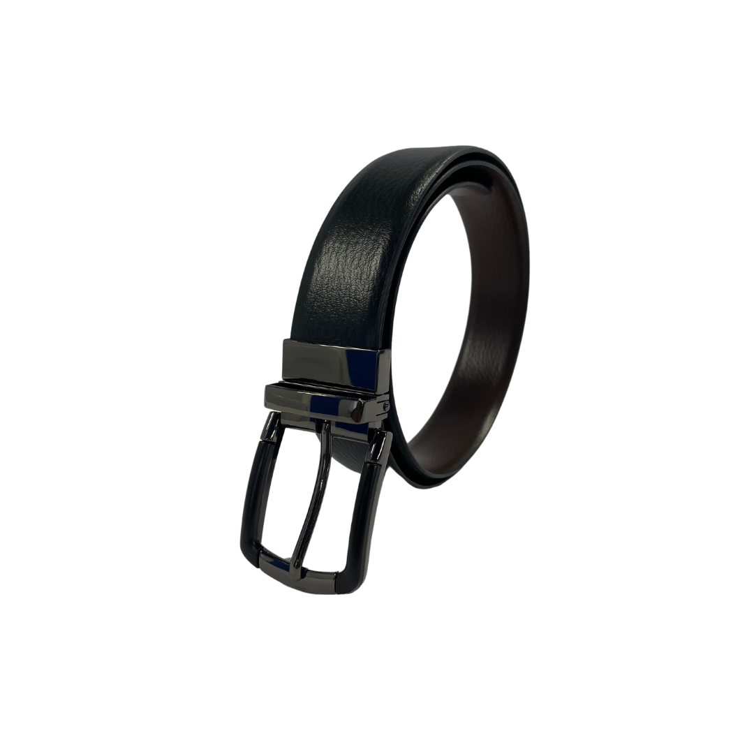 Men's reversible black and brown leather belt with a gunmetal buckle, shown in a curled position against a white background.