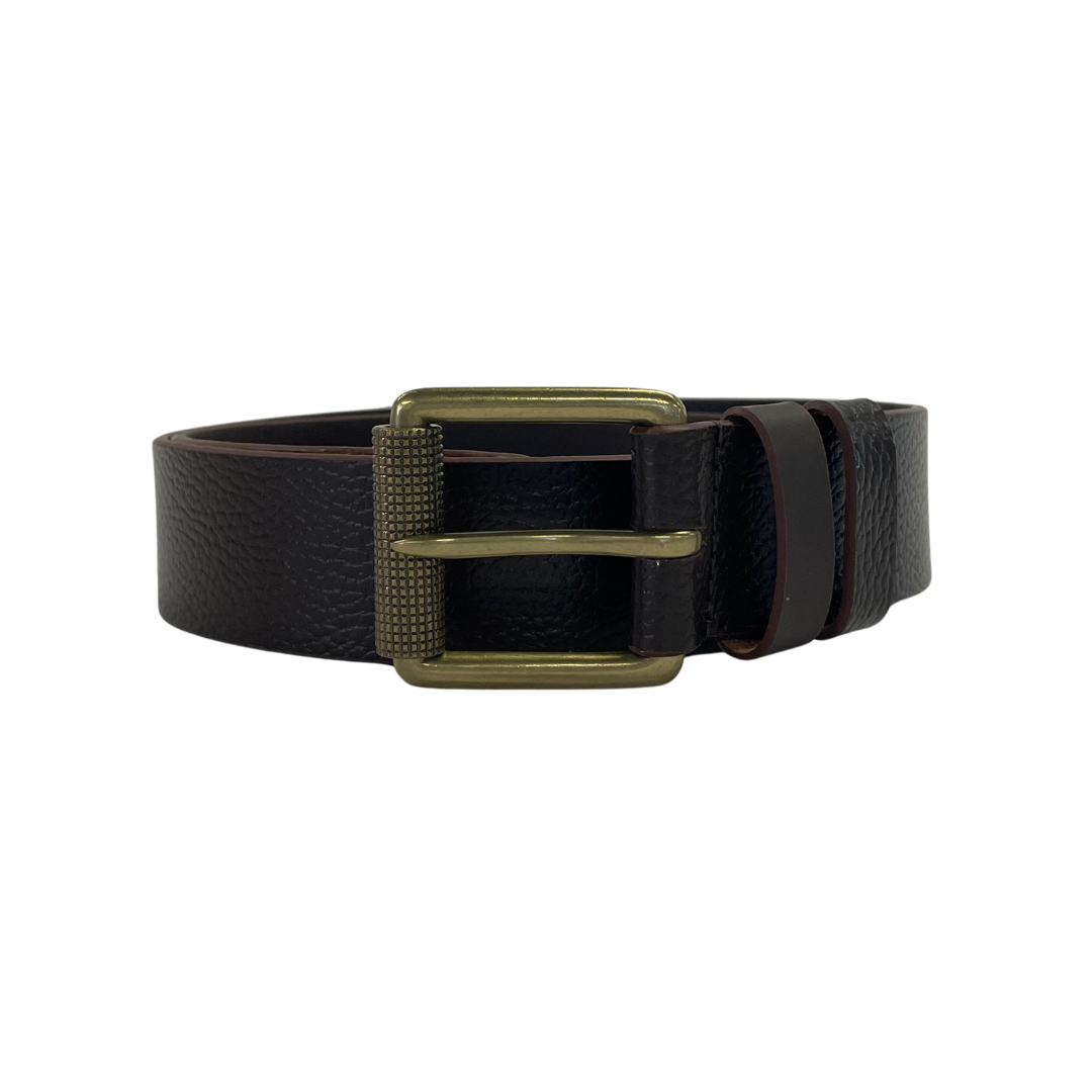 Men's full grain brown leather belt with a textured finish and an antique brass buckle.