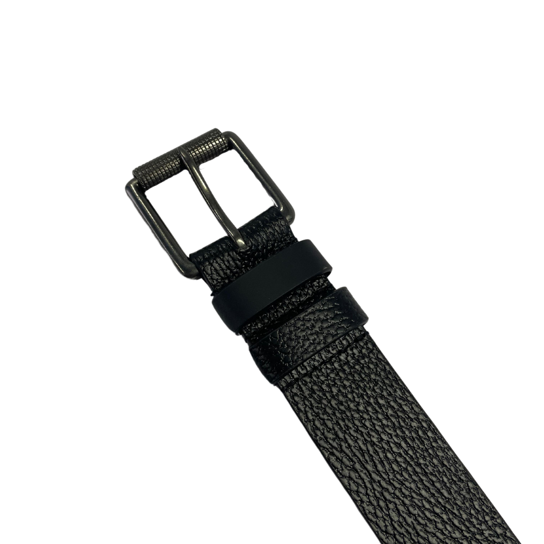 Classic black leather belt with a textured finish and gunmetal buckle, perfect for jeans or formal wear.