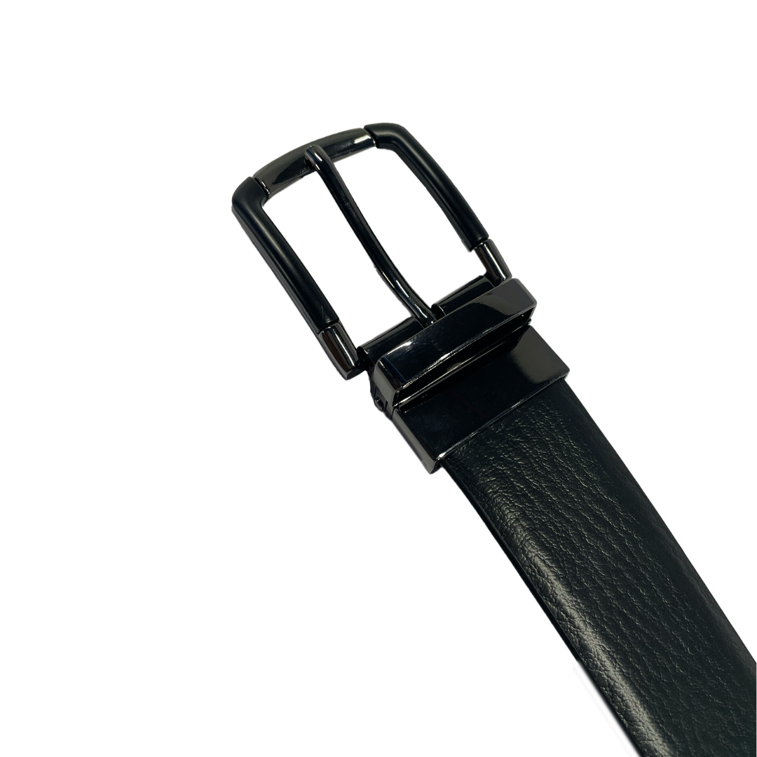 Men's reversible black leather belt with a gunmetal buckle. The belt can be flipped to a brown side for a versatile look.